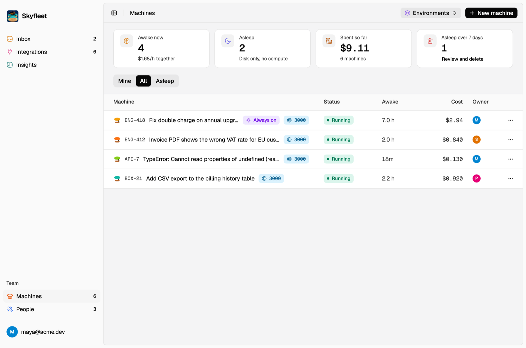 The Machines page with agents running