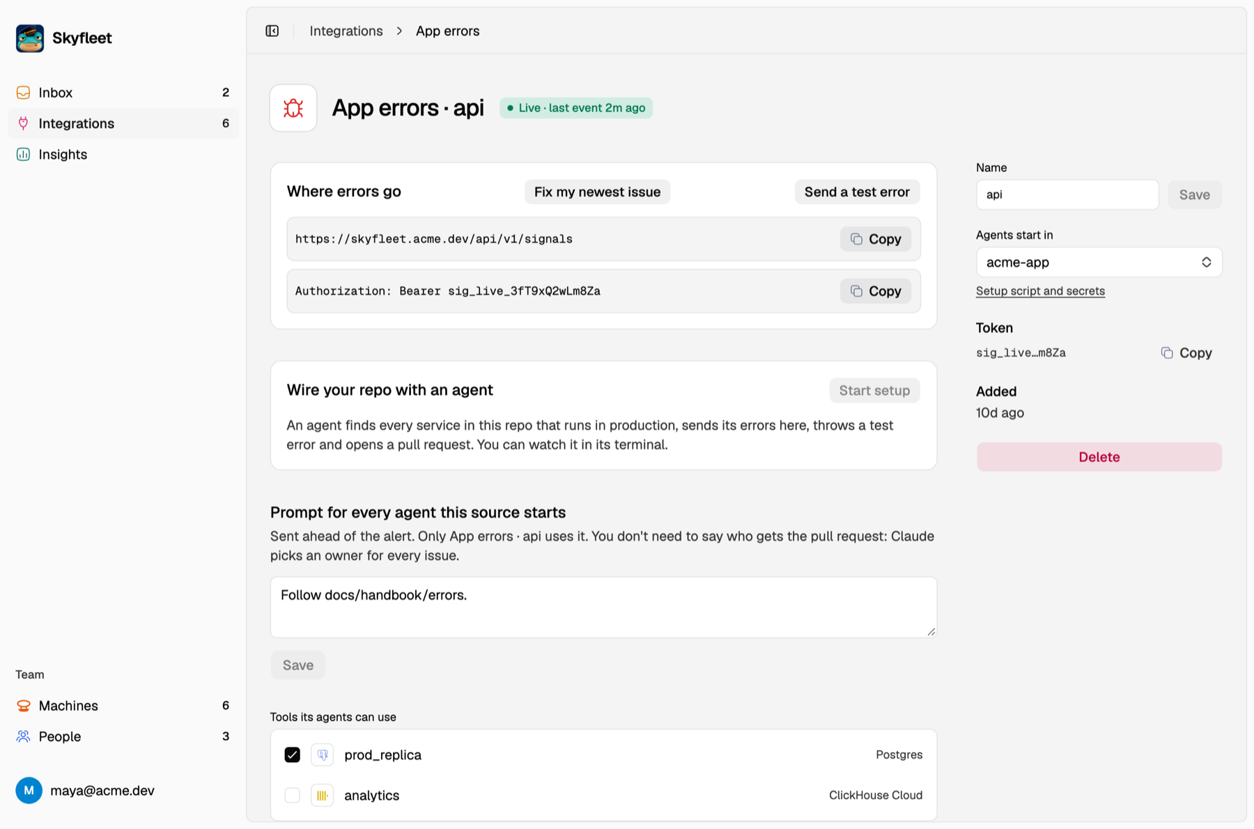 The App errors page