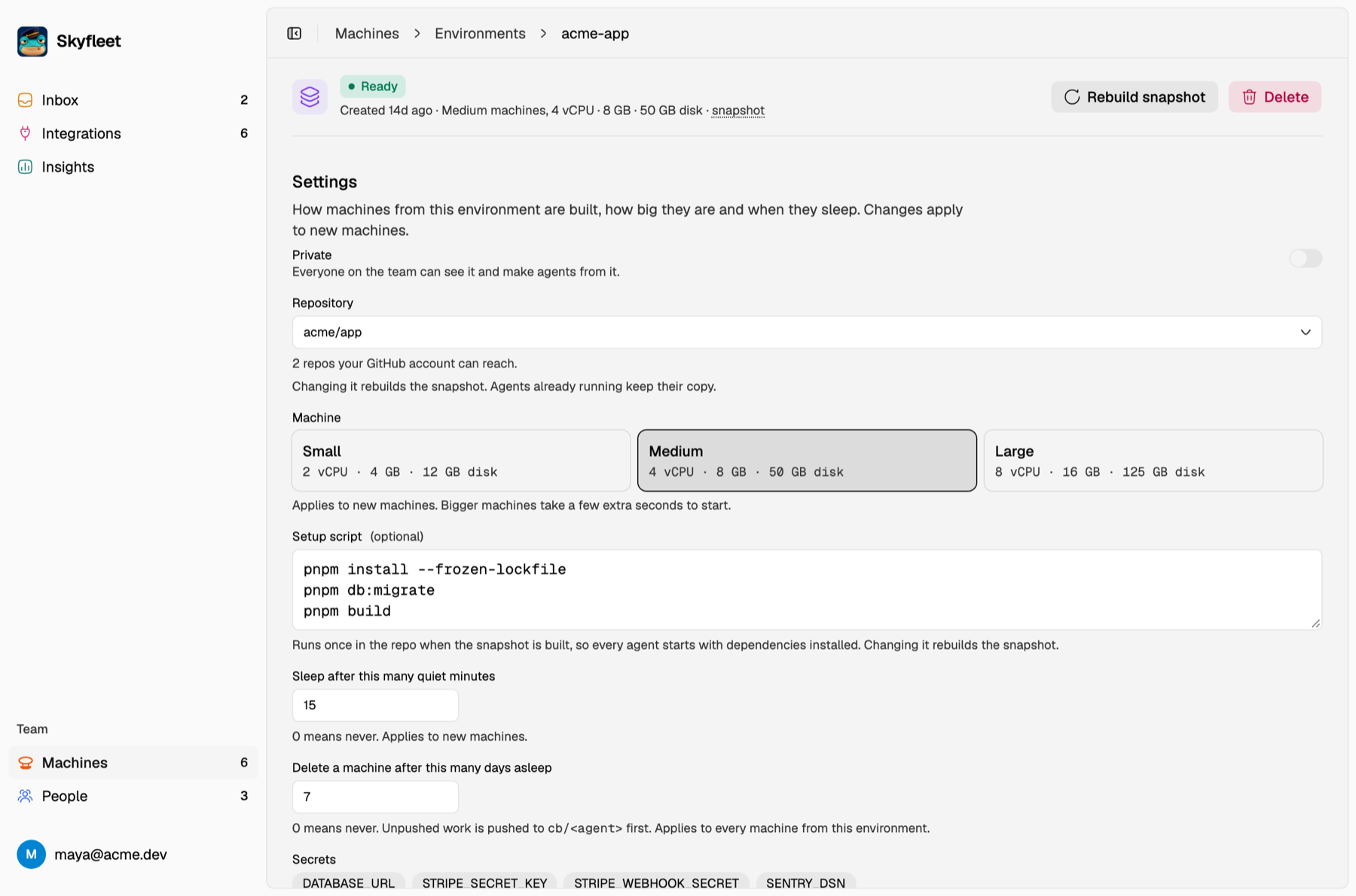An environment's settings page