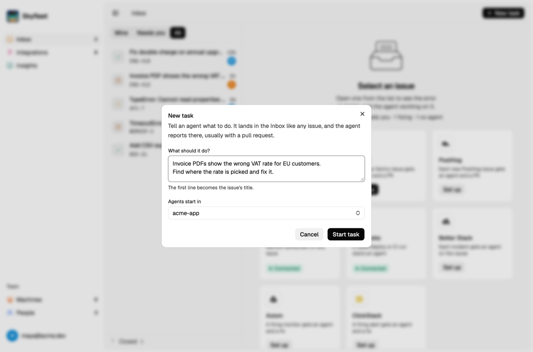 The New task sheet in the Inbox, with a prompt and an environment