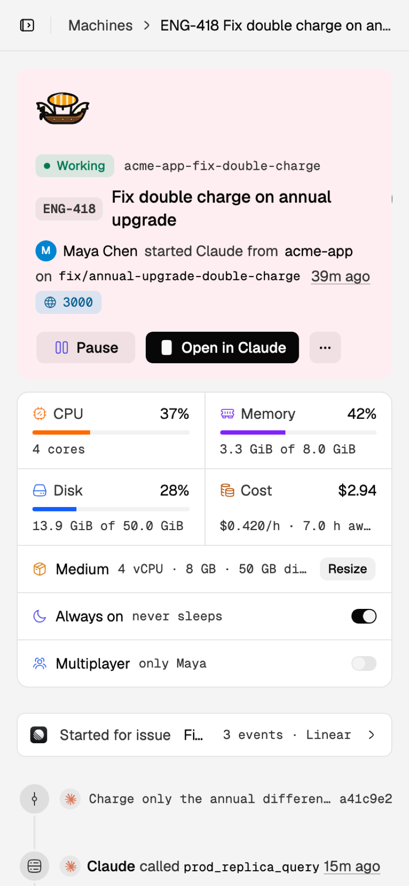 An agent's page on a phone with Open in Claude