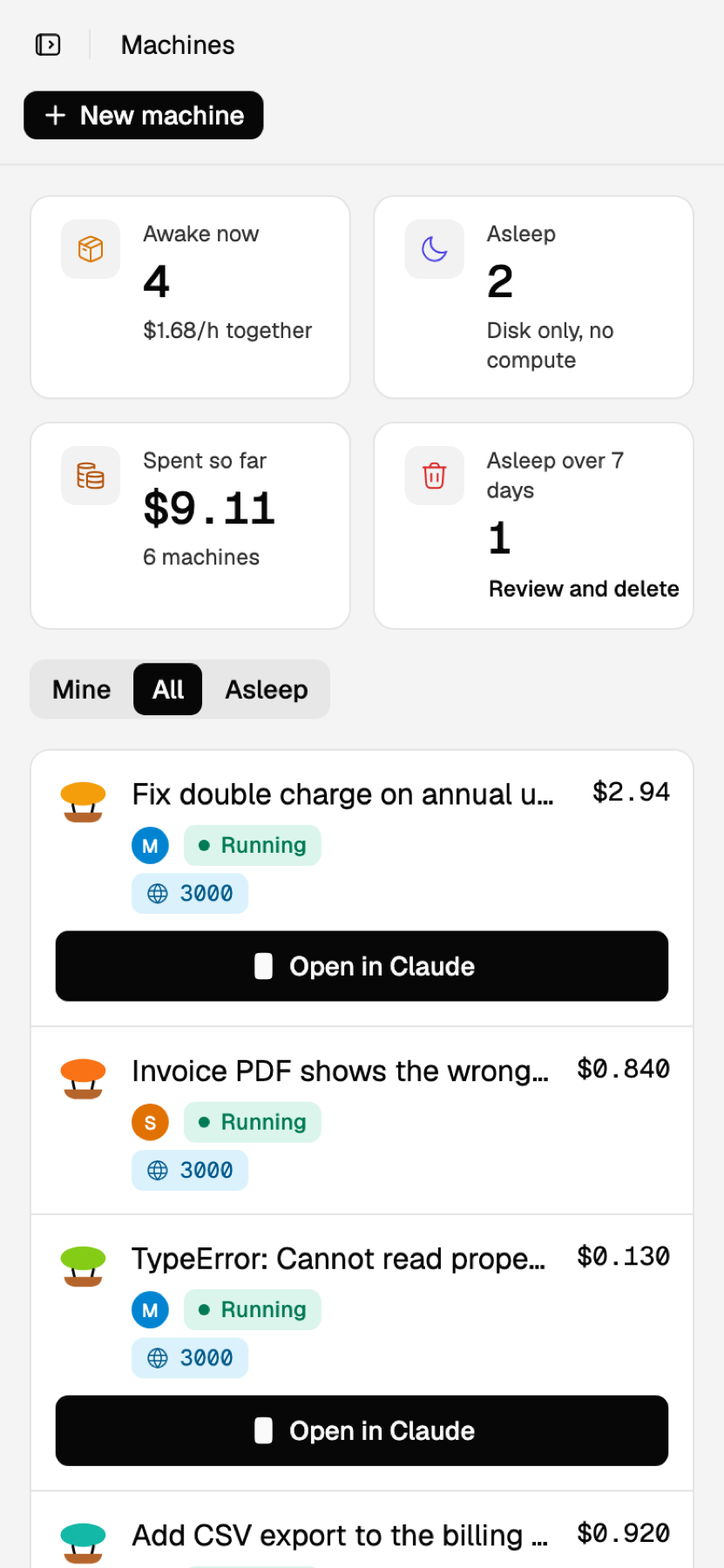 The Machines page on a phone